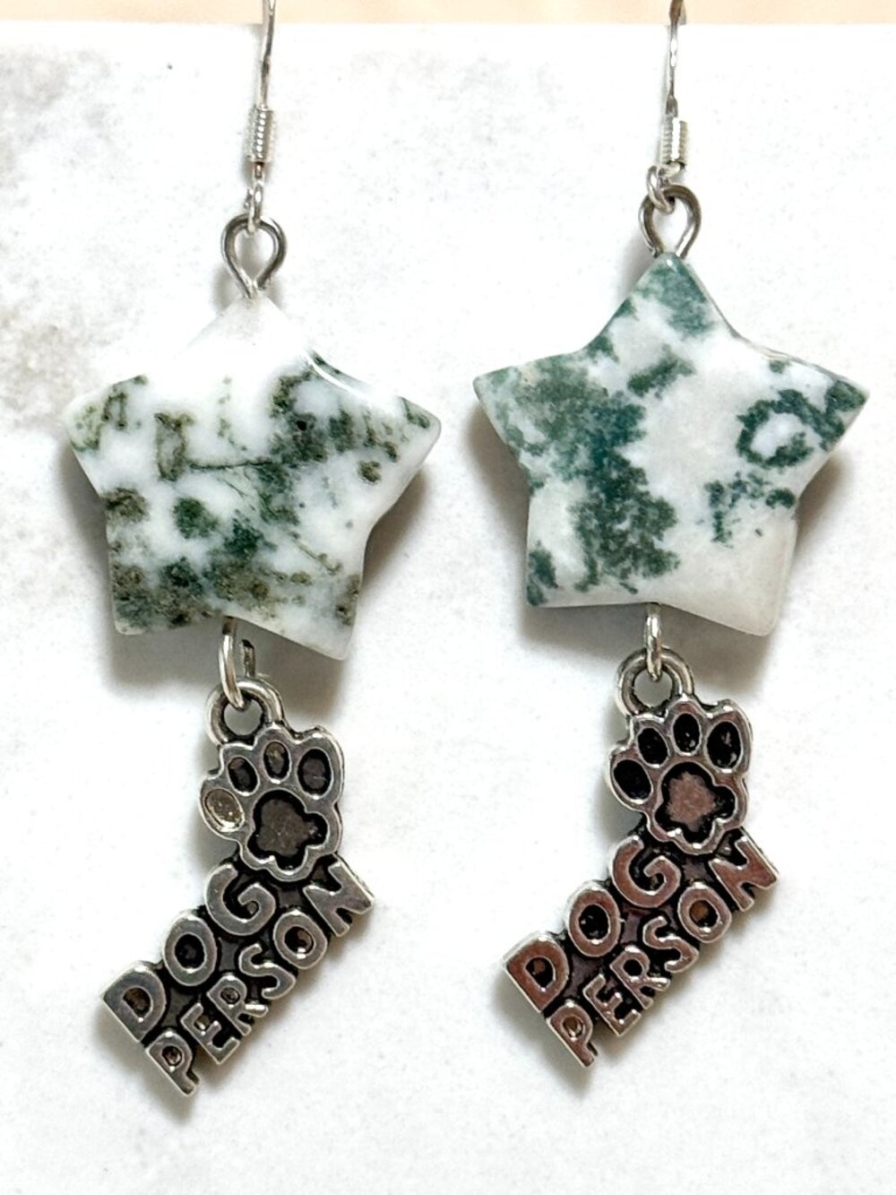2/$20, White Green Tree Agate Star & Dog Person Paw Print Dangle Earrings